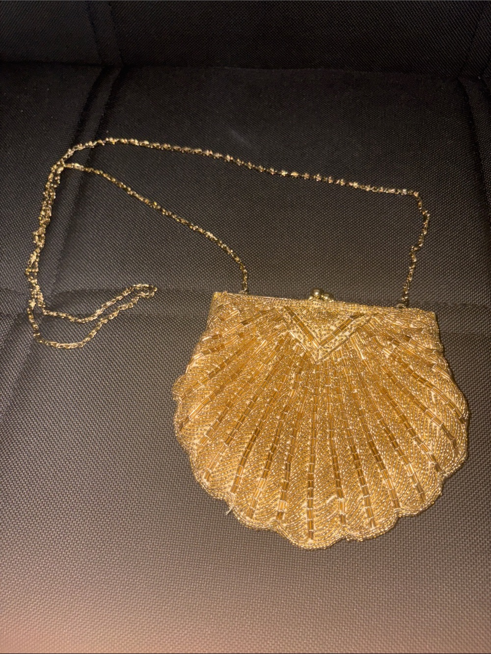 La Regale Gold Beaded Shell Clutch with Chain
